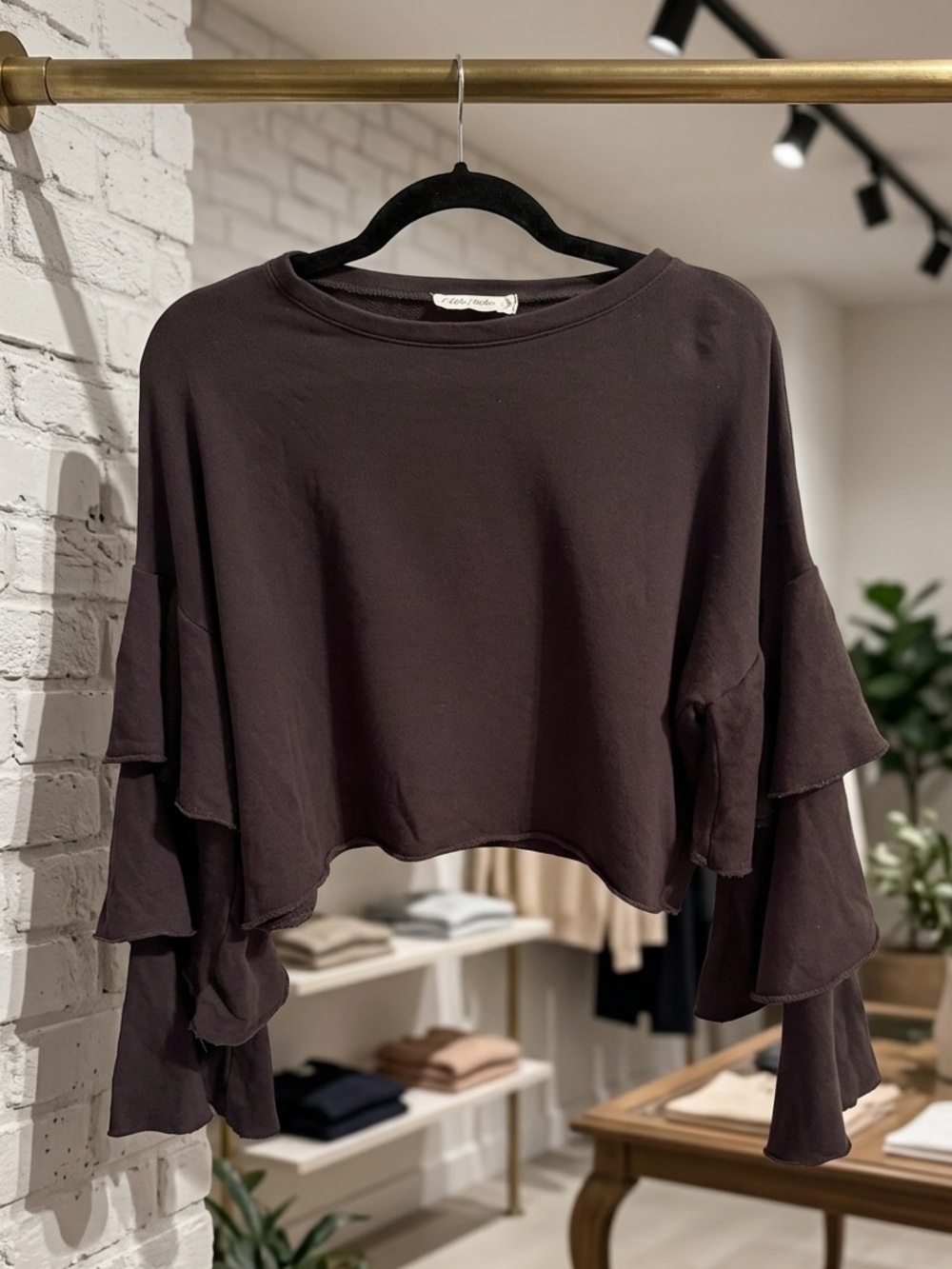 Ruffle Sleeve Cropped French Terr Top Flare Bell Sleeve Swing Boho Tiered